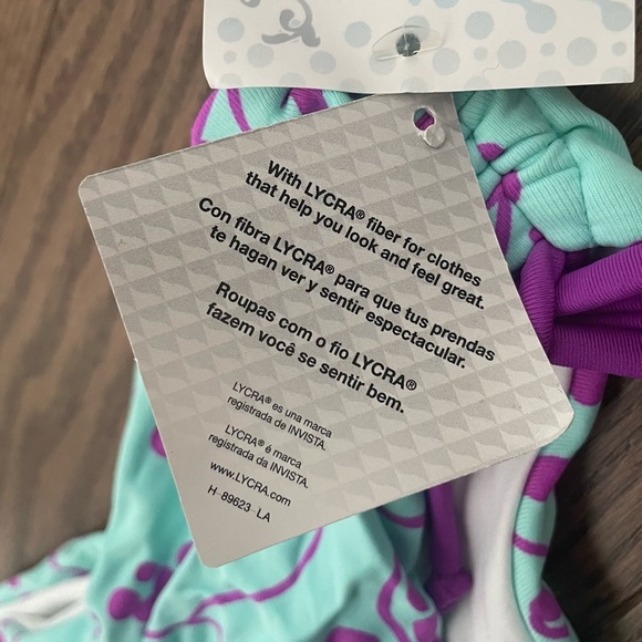 Saha Bikini Swim Set / Bandeau Halter, Ruched Hipster - Turquoise & Purple Print - Picture 14 of 15